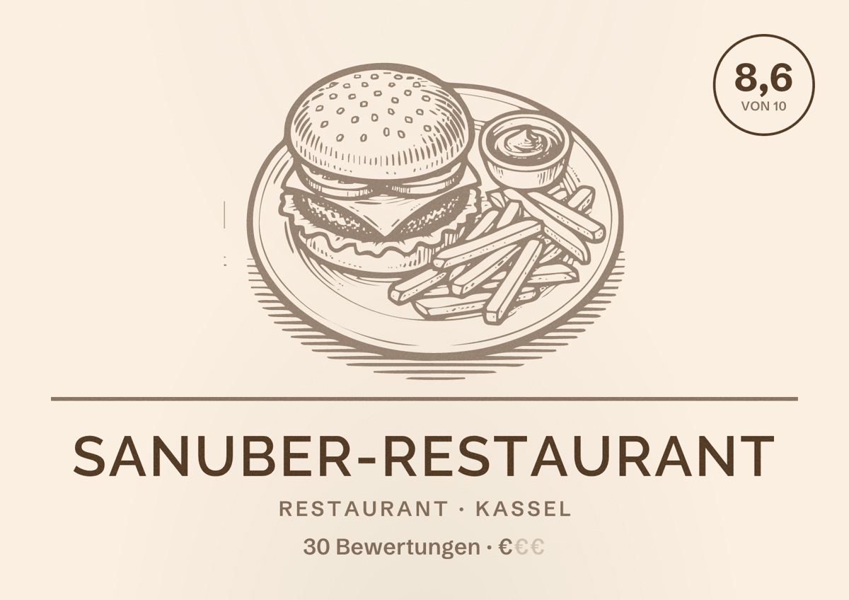 Illustriertes Poster von Sanuber-Restaurant, Restaurant in Kassel: Bewertung 8,6 von 10 aus 30 Bewertungen, Preisniveau €