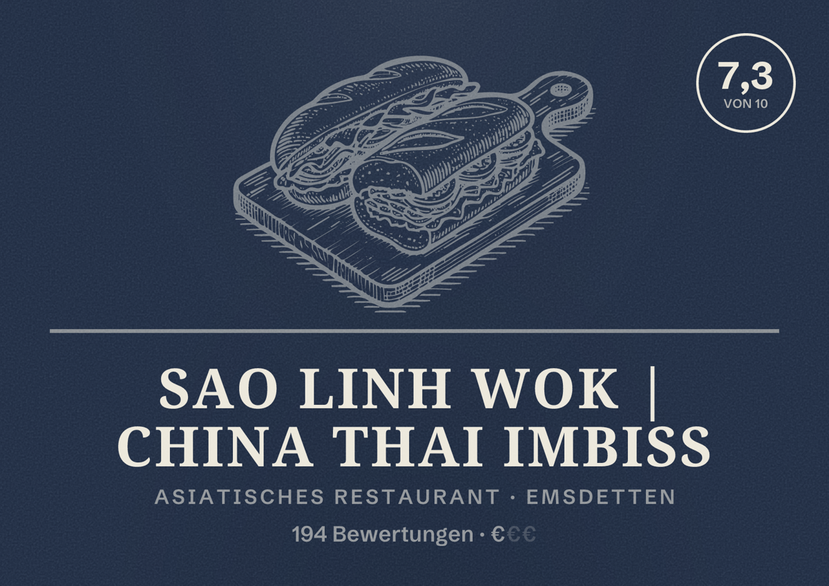 Illustriertes Poster von Sao Linh Wok | China Thai Imbiss, Asiatisches Restaurant in Emsdetten: Bewertung 7,3 von 10 aus 194 Bewertungen, Preisniveau €