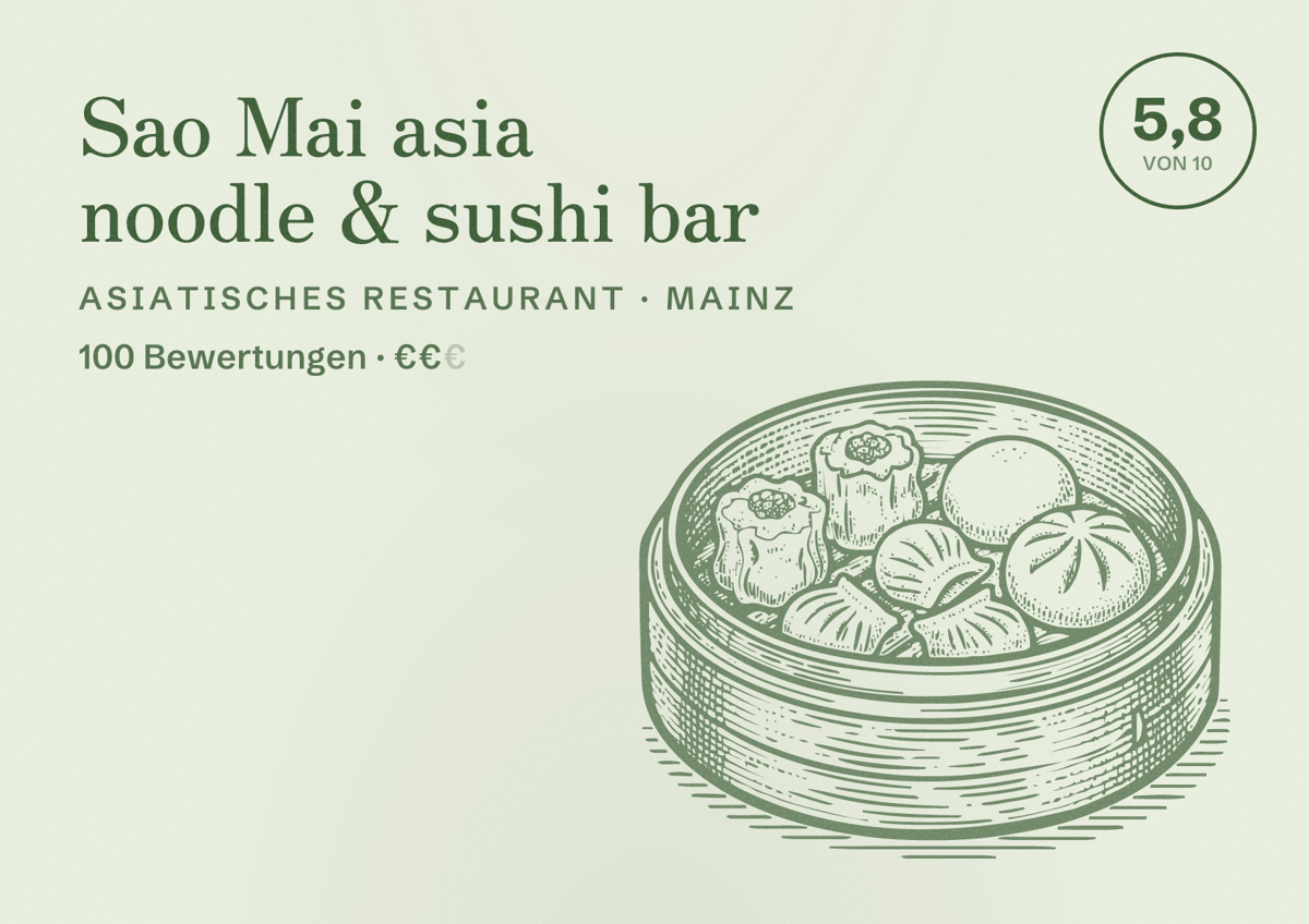 Illustriertes Poster von Sao Mai asia noodle & sushi bar, Asiatisches Restaurant in Mainz: Bewertung 5,8 von 10 aus 100 Bewertungen, Preisniveau €€