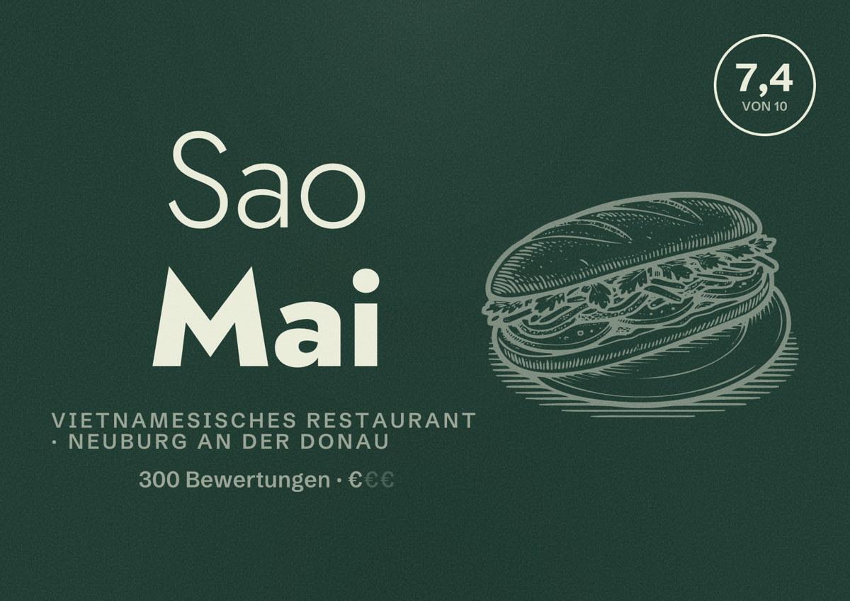 Illustriertes Poster von Sao Mai, Vietnamesisches Restaurant in Neuburg an der Donau: Bewertung 7,4 von 10 aus 300 Bewertungen, Preisniveau €