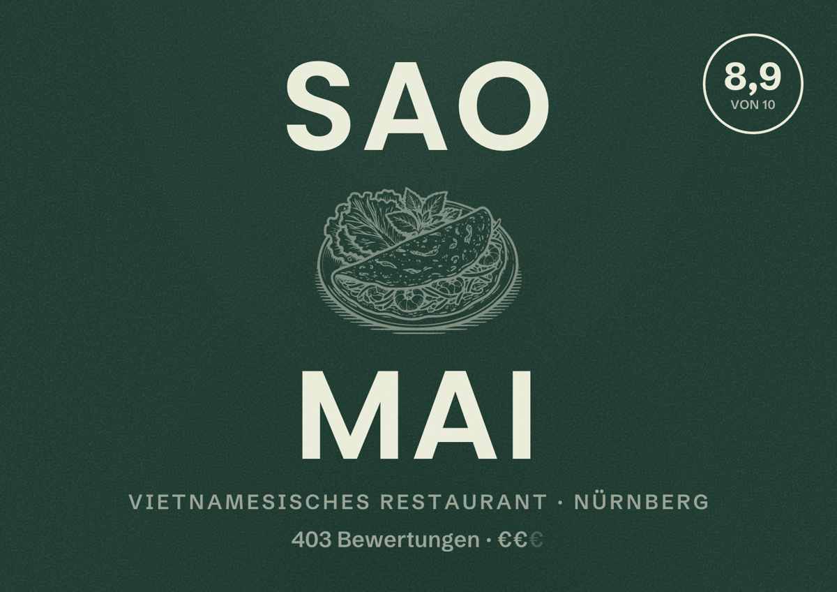 Illustriertes Poster von Sao Mai, Vietnamesisches Restaurant in Nürnberg: Bewertung 8,9 von 10 aus 403 Bewertungen, Preisniveau €€
