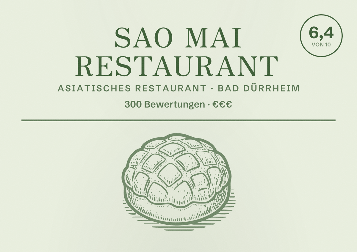 Illustriertes Poster von Sao Mai Restaurant, Asiatisches Restaurant in Bad Dürrheim: Bewertung 6,4 von 10 aus 300 Bewertungen, Preisniveau €€€