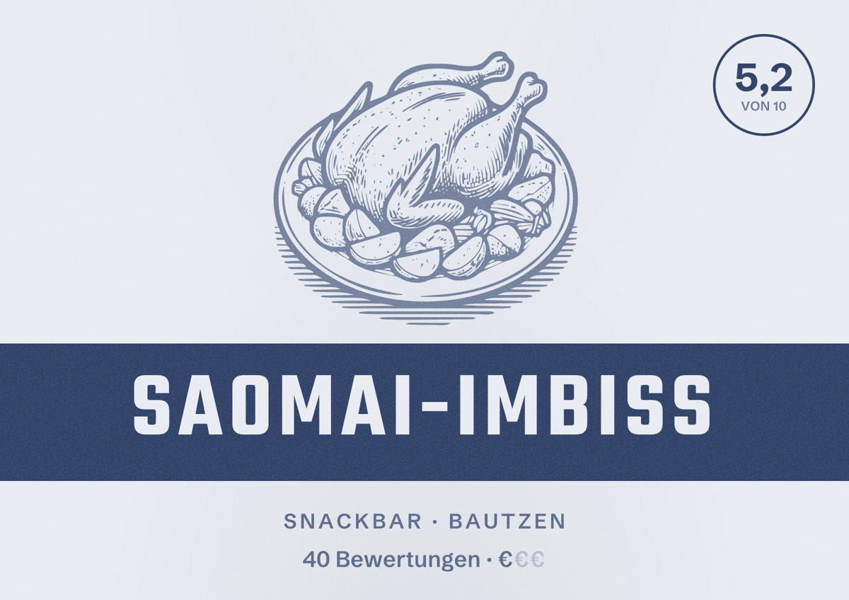 Illustriertes Poster von Saomai-Imbiss, Snackbar in Bautzen: Bewertung 5,2 von 10 aus 40 Bewertungen, Preisniveau €