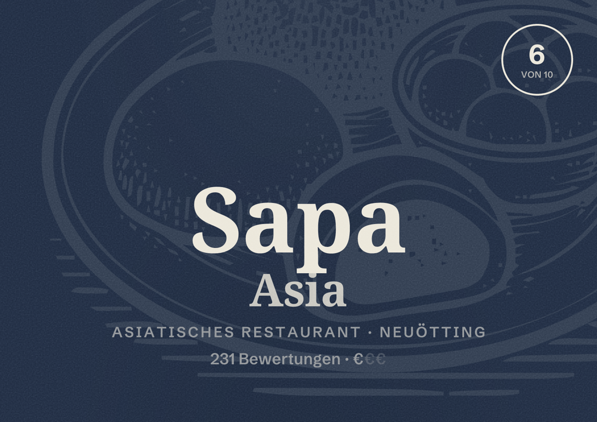 Illustriertes Poster von Sapa Asia, Asiatisches Restaurant in Neuötting: Bewertung 6 von 10 aus 231 Bewertungen, Preisniveau €