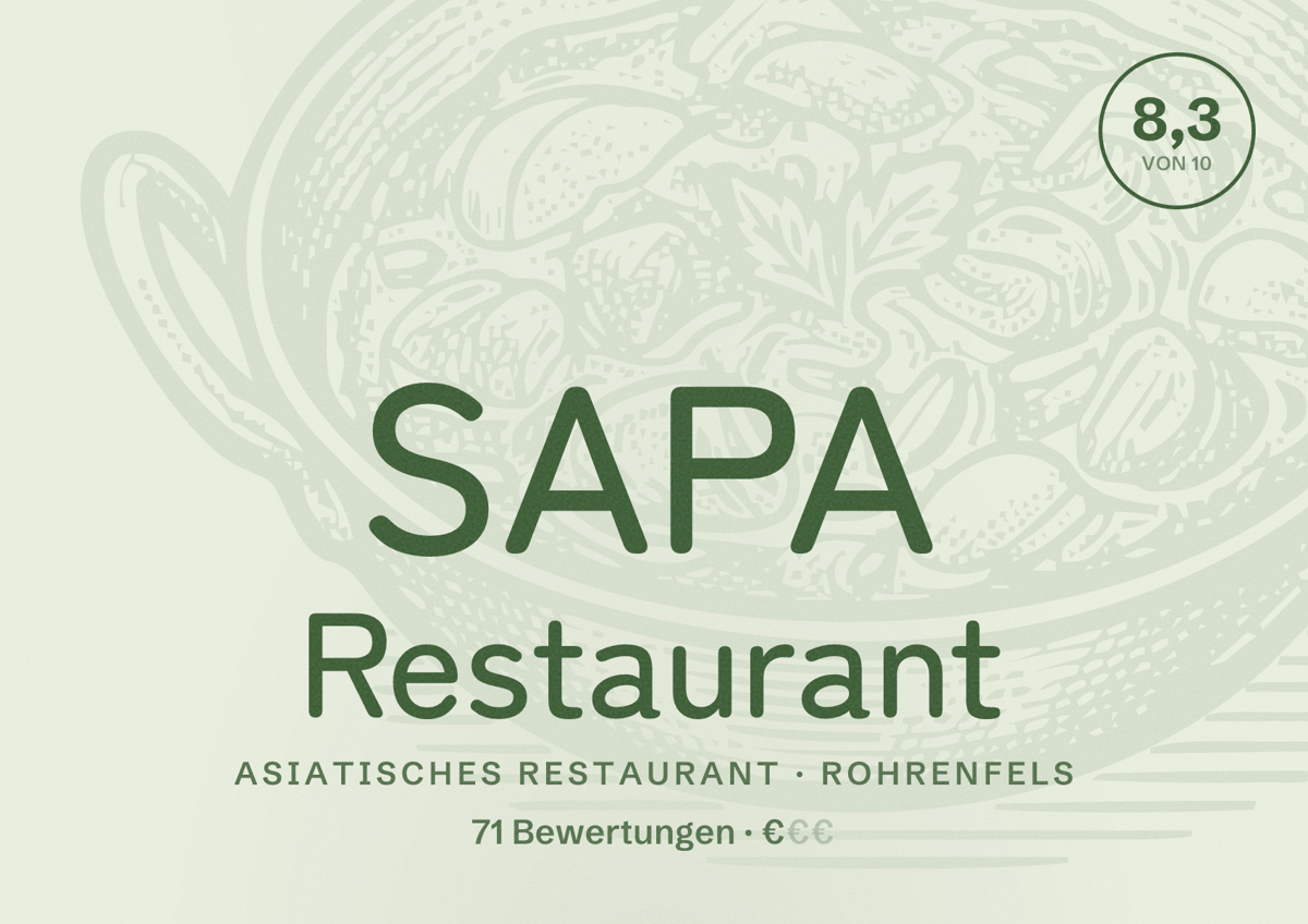 Illustriertes Poster von SAPA Restaurant, Asiatisches Restaurant in Rohrenfels: Bewertung 8,3 von 10 aus 71 Bewertungen, Preisniveau €