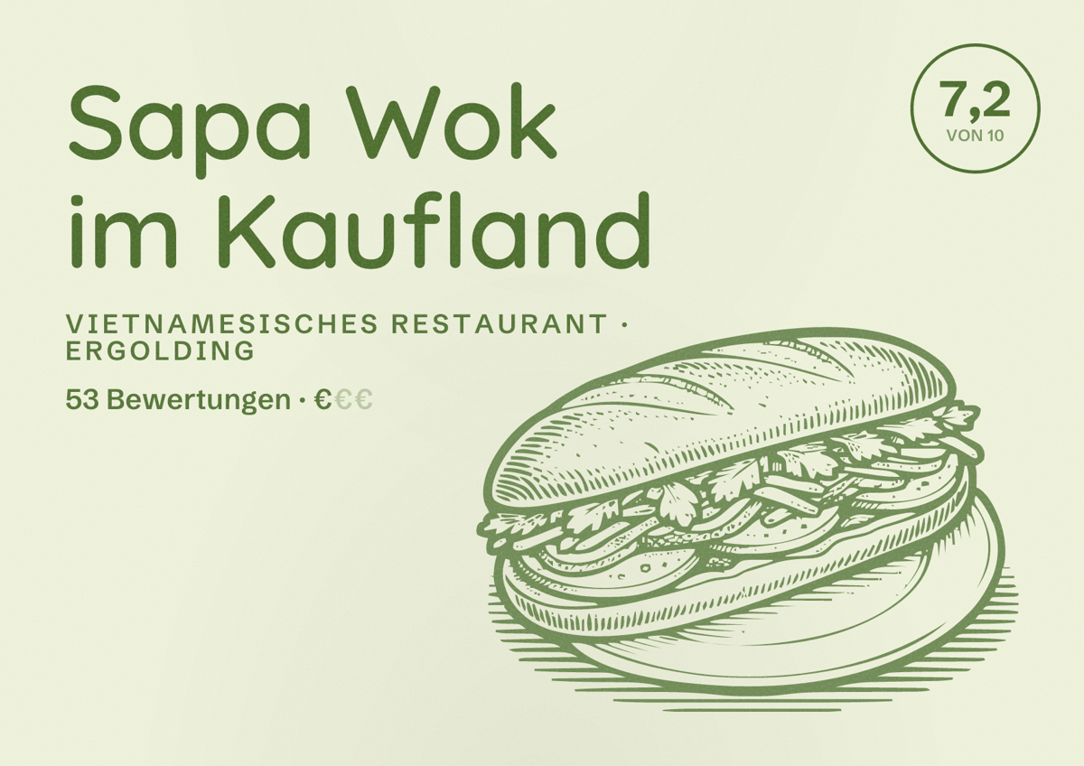 Illustriertes Poster von Sapa Wok im Kaufland, Vietnamesisches Restaurant in Ergolding: Bewertung 7,2 von 10 aus 53 Bewertungen, Preisniveau €
