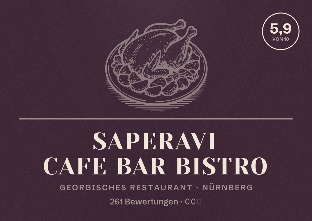 Illustriertes Poster von Saperavi Cafe Bar Bistro, Georgisches Restaurant in Nürnberg: Bewertung 5,9 von 10 aus 261 Bewertungen, Preisniveau €€