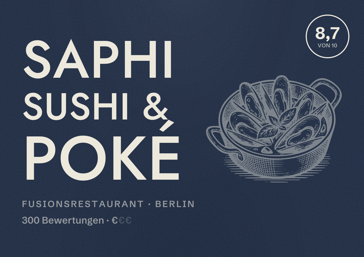 Illustriertes Poster von SaPhi Sushi & Poké, Fusionsrestaurant in Berlin: Bewertung 8,7 von 10 aus 300 Bewertungen, Preisniveau €