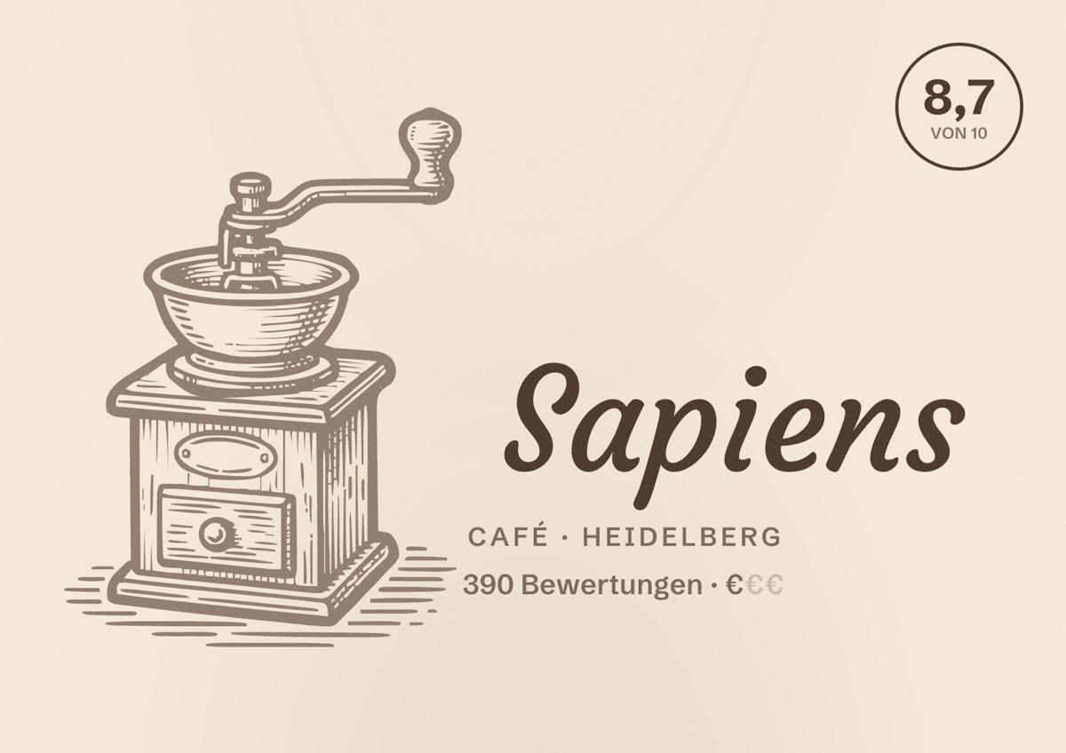 Illustriertes Poster von Sapiens, Café in Heidelberg: Bewertung 8,7 von 10 aus 390 Bewertungen, Preisniveau €