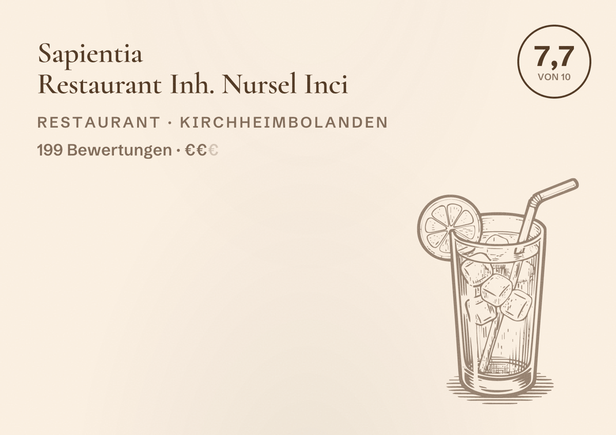 Illustriertes Poster von Sapientia Restaurant Inh. Nursel Inci, Restaurant in Kirchheimbolanden: Bewertung 7,7 von 10 aus 199 Bewertungen, Preisniveau €€