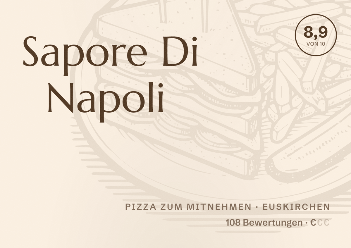 Illustriertes Poster von Sapore Di Napoli, Pizza zum Mitnehmen in Euskirchen: Bewertung 8,9 von 10 aus 108 Bewertungen, Preisniveau €