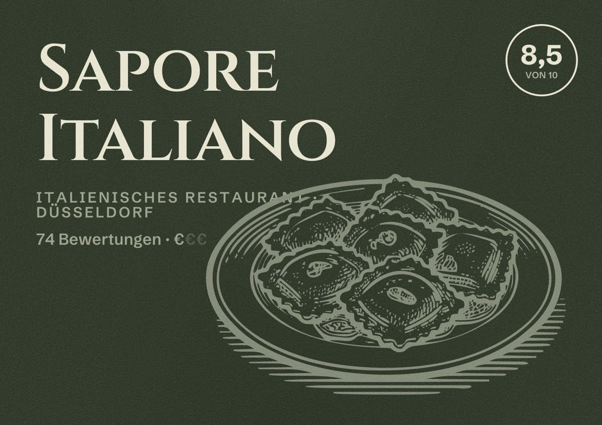 Illustriertes Poster von Sapore Italiano, Italienisches Restaurant in Düsseldorf: Bewertung 8,5 von 10 aus 74 Bewertungen, Preisniveau €