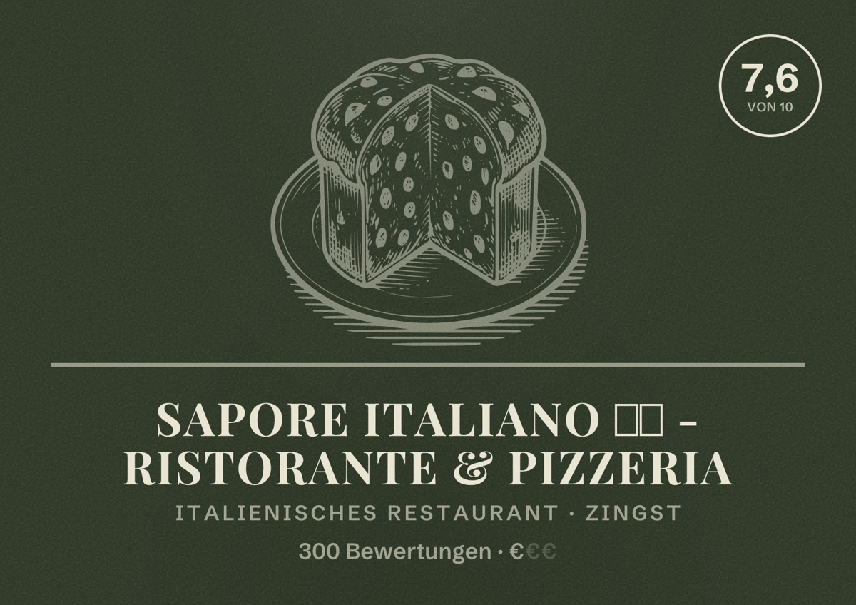 Illustriertes Poster von Sapore Italiano 🇮🇹 - Ristorante & Pizzeria, Italienisches Restaurant in Zingst: Bewertung 7,6 von 10 aus 300 Bewertungen, Preisniveau €