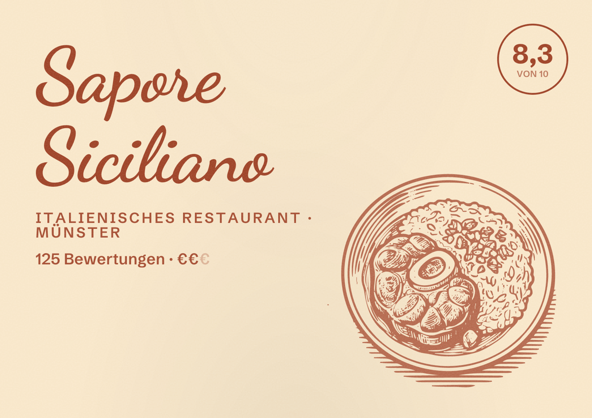 Illustriertes Poster von Sapore Siciliano, Italienisches Restaurant in Münster: Bewertung 8,3 von 10 aus 125 Bewertungen, Preisniveau €€