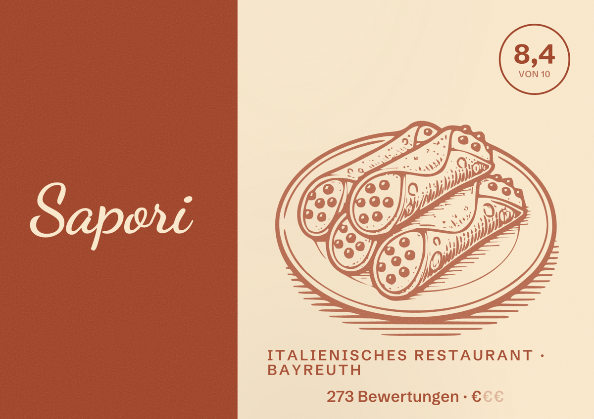 Illustriertes Poster von Sapori, Italienisches Restaurant in Bayreuth: Bewertung 8,4 von 10 aus 273 Bewertungen, Preisniveau €
