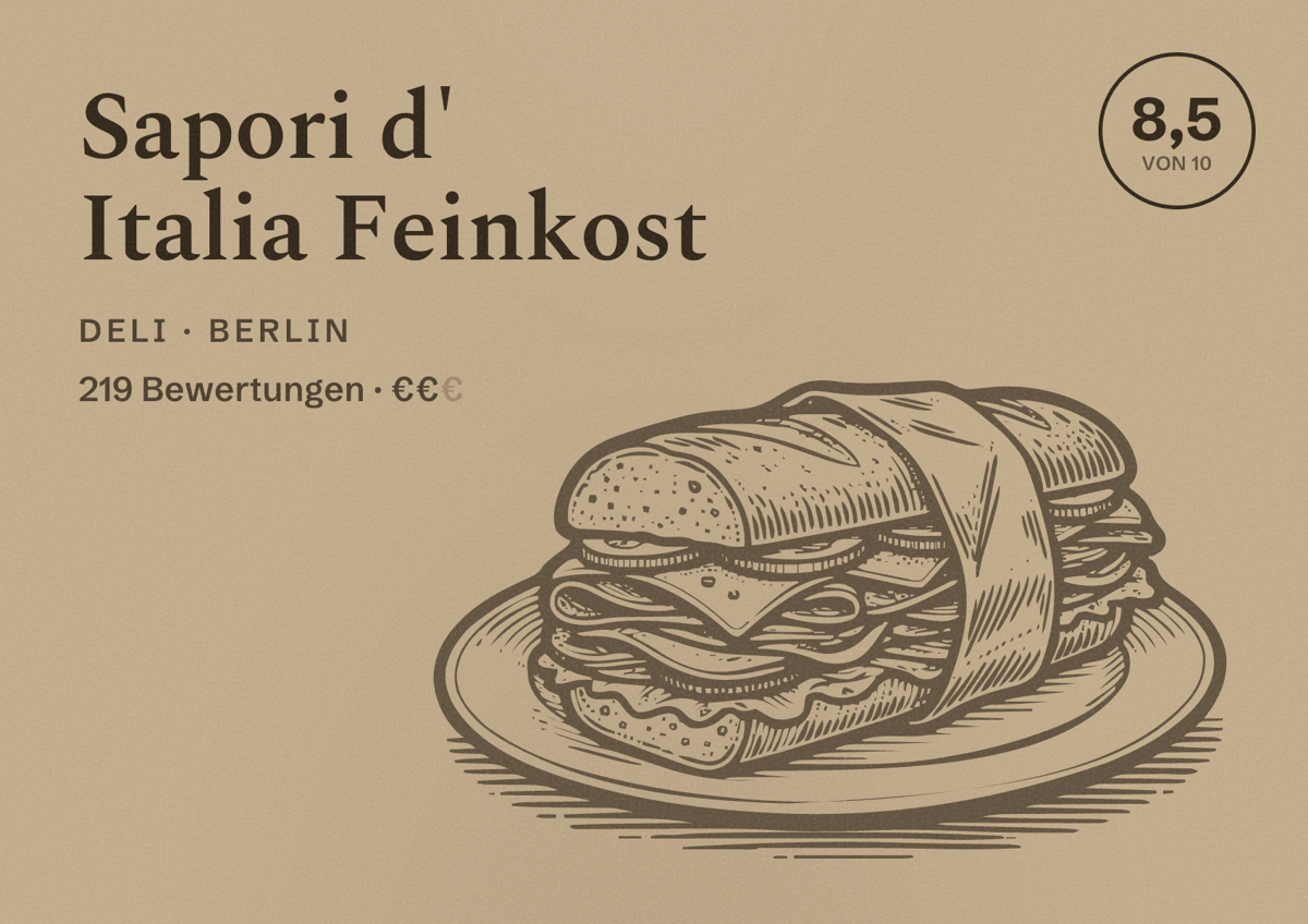 Illustriertes Poster von Sapori d' Italia Feinkost, Deli in Berlin: Bewertung 8,5 von 10 aus 219 Bewertungen, Preisniveau €€