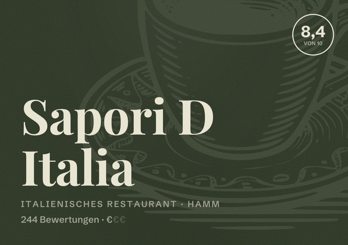 Illustriertes Poster von Sapori D Italia, Italienisches Restaurant in Hamm: Bewertung 8,4 von 10 aus 244 Bewertungen, Preisniveau €