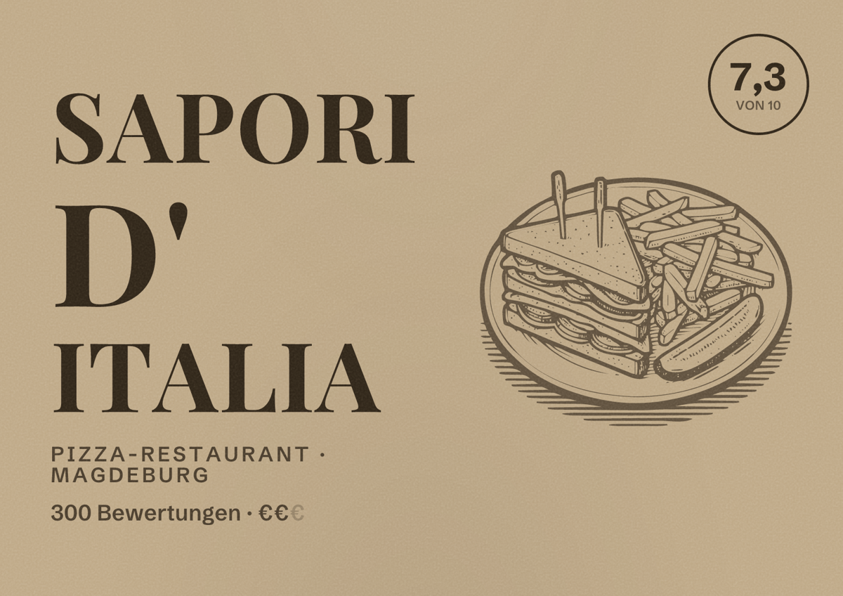 Illustriertes Poster von Sapori d' italia, Pizza-Restaurant in Magdeburg: Bewertung 7,3 von 10 aus 300 Bewertungen, Preisniveau €€