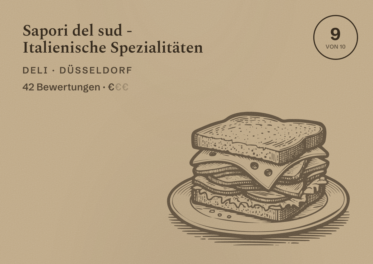 Illustriertes Poster von Sapori del sud - Italienische Spezialitäten, Deli in Düsseldorf: Bewertung 9,0 von 10 aus 42 Bewertungen, Preisniveau €