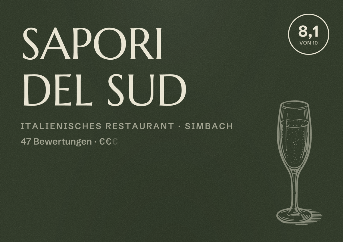 Illustriertes Poster von SAPORI DEL SUD, Italienisches Restaurant in Simbach: Bewertung 8,1 von 10 aus 47 Bewertungen, Preisniveau €€