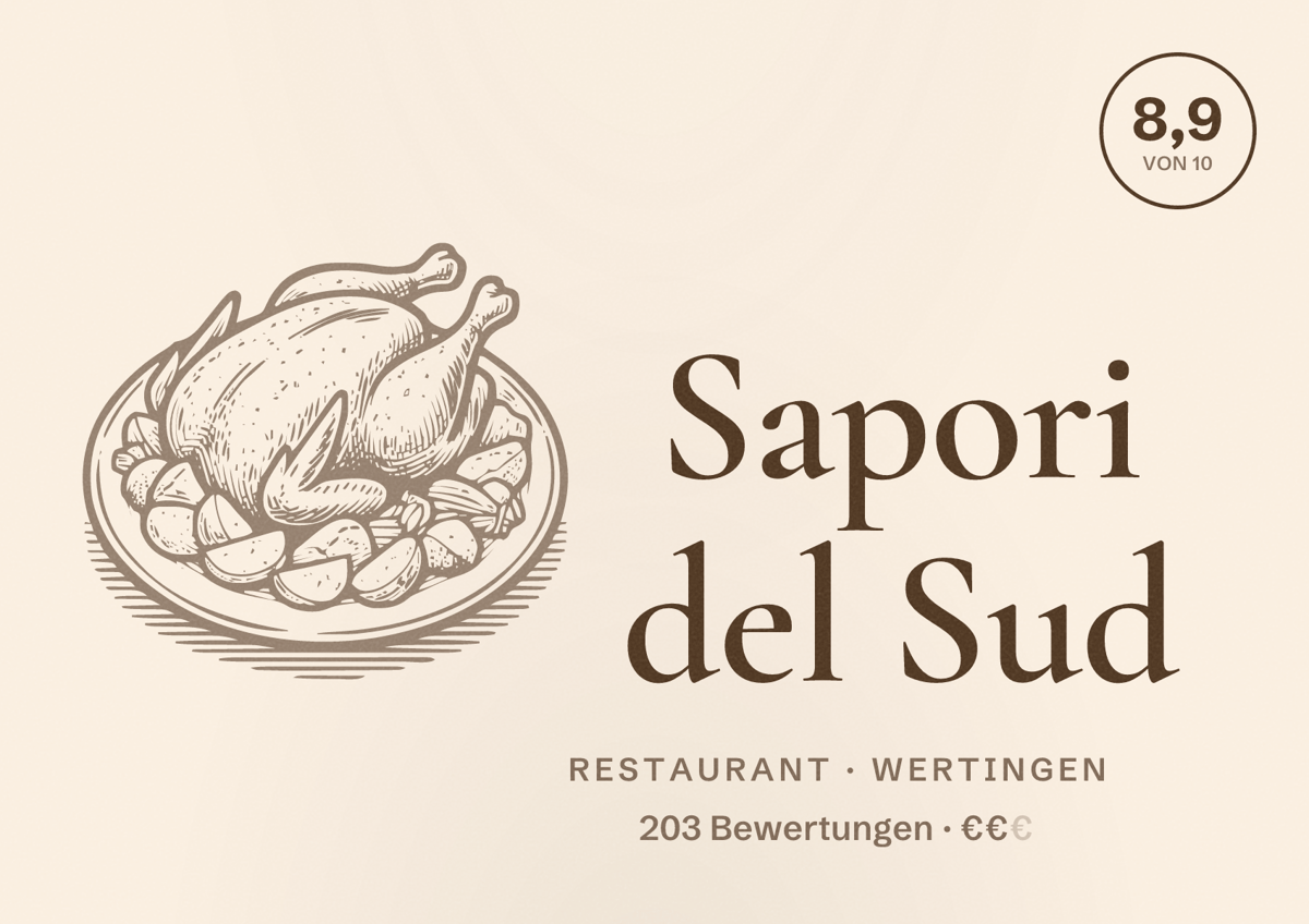 Illustriertes Poster von Sapori del Sud, Restaurant in Wertingen: Bewertung 8,9 von 10 aus 203 Bewertungen, Preisniveau €€