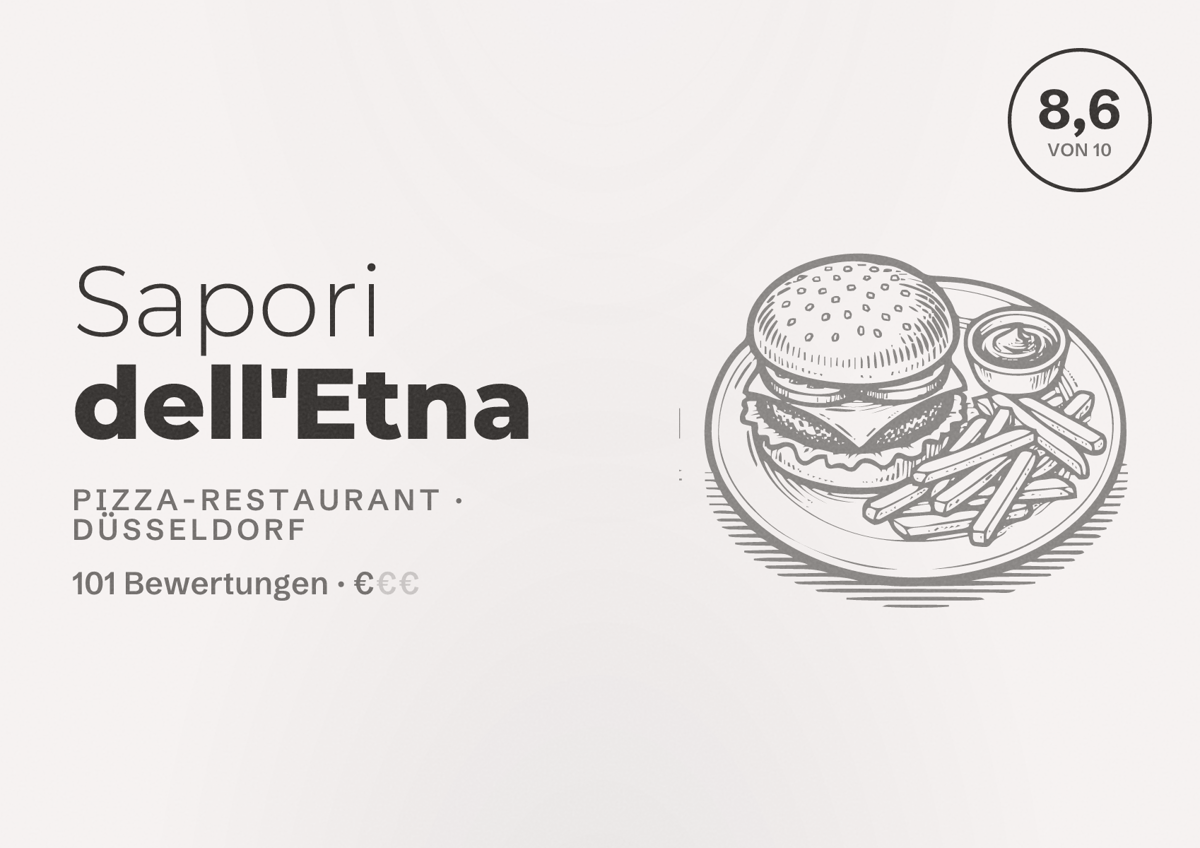 Illustriertes Poster von Sapori dell'Etna, Pizza-Restaurant in Düsseldorf: Bewertung 8,6 von 10 aus 101 Bewertungen, Preisniveau €