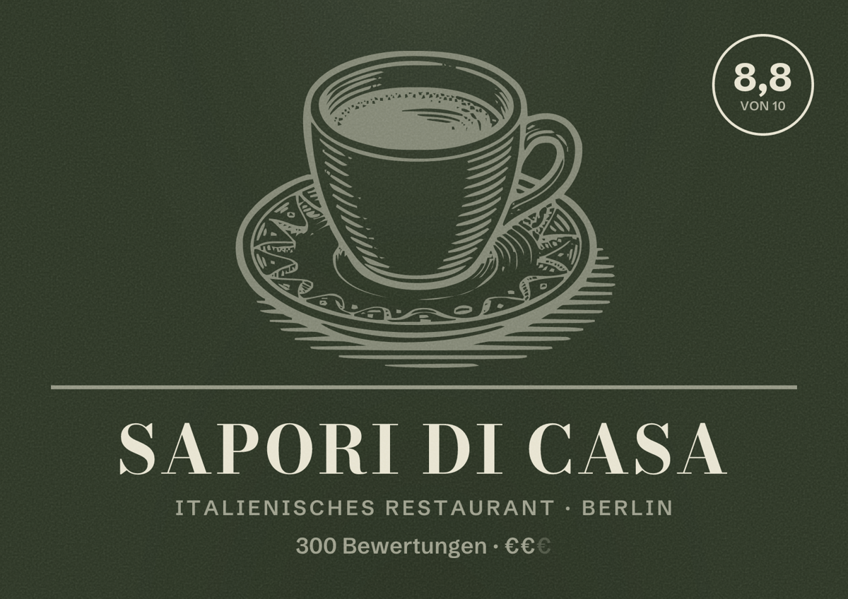 Illustriertes Poster von Sapori di Casa, Italienisches Restaurant in Berlin: Bewertung 8,8 von 10 aus 300 Bewertungen, Preisniveau €€