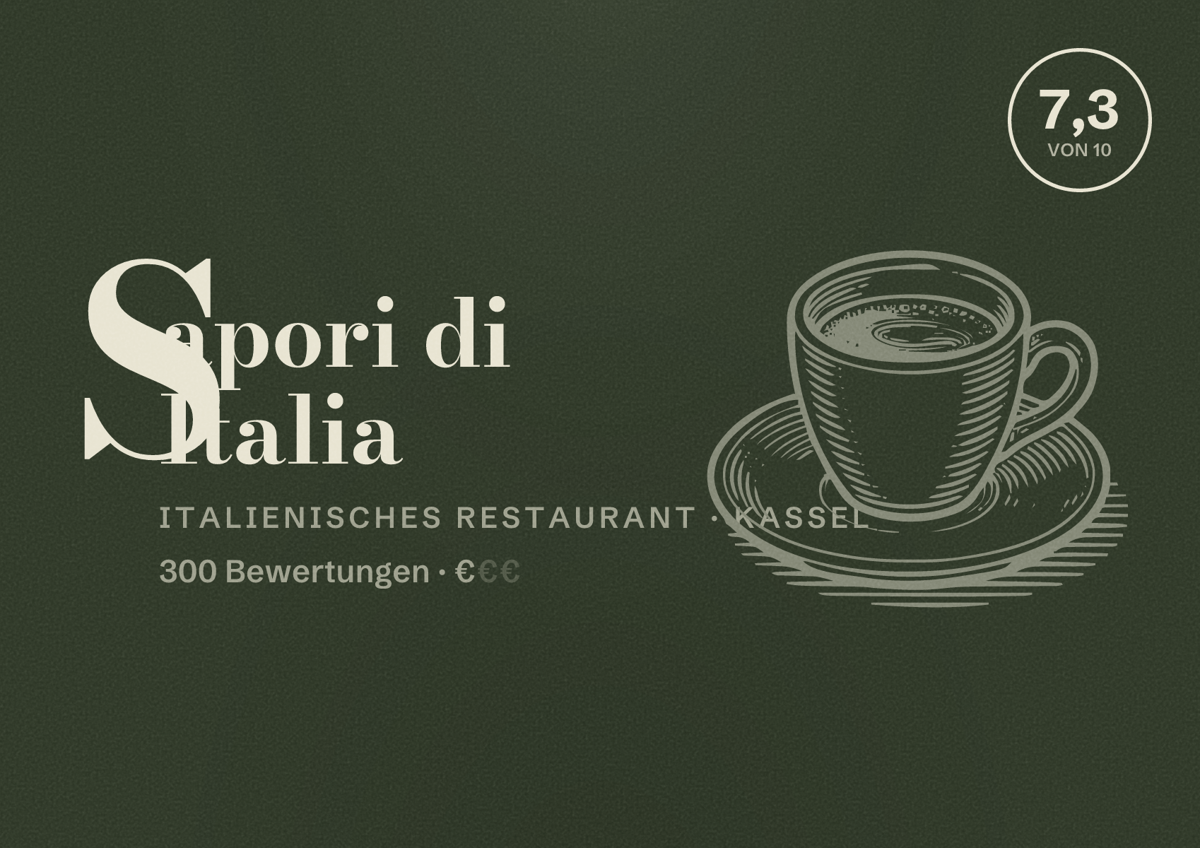 Illustriertes Poster von Sapori di Italia, Italienisches Restaurant in Kassel: Bewertung 7,3 von 10 aus 300 Bewertungen, Preisniveau €