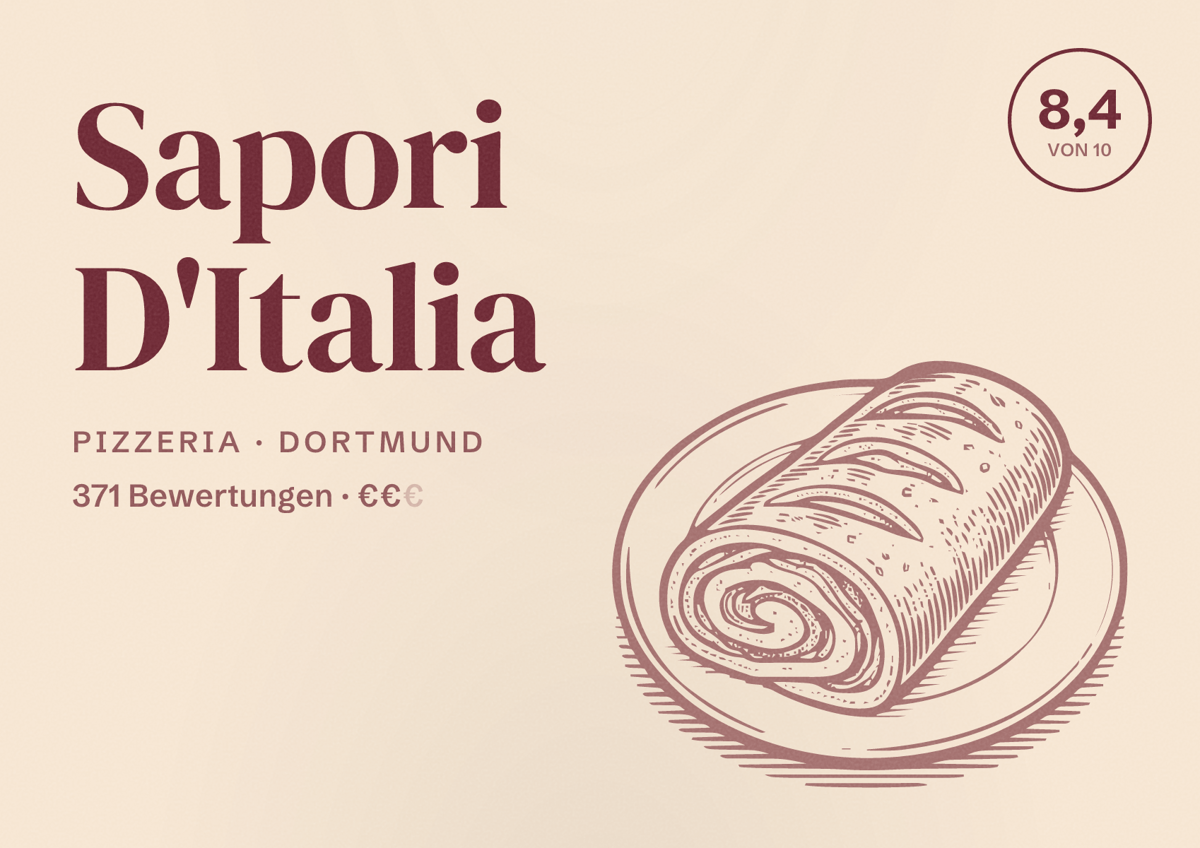 Illustriertes Poster von Sapori D'Italia, Pizzeria in Dortmund: Bewertung 8,4 von 10 aus 371 Bewertungen, Preisniveau €€