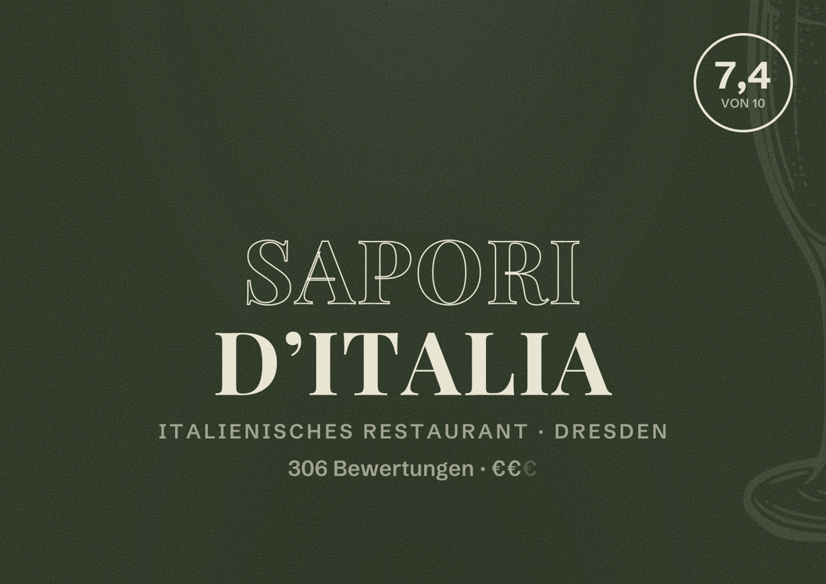 Illustriertes Poster von Sapori d’Italia, Italienisches Restaurant in Dresden: Bewertung 7,4 von 10 aus 306 Bewertungen, Preisniveau €€