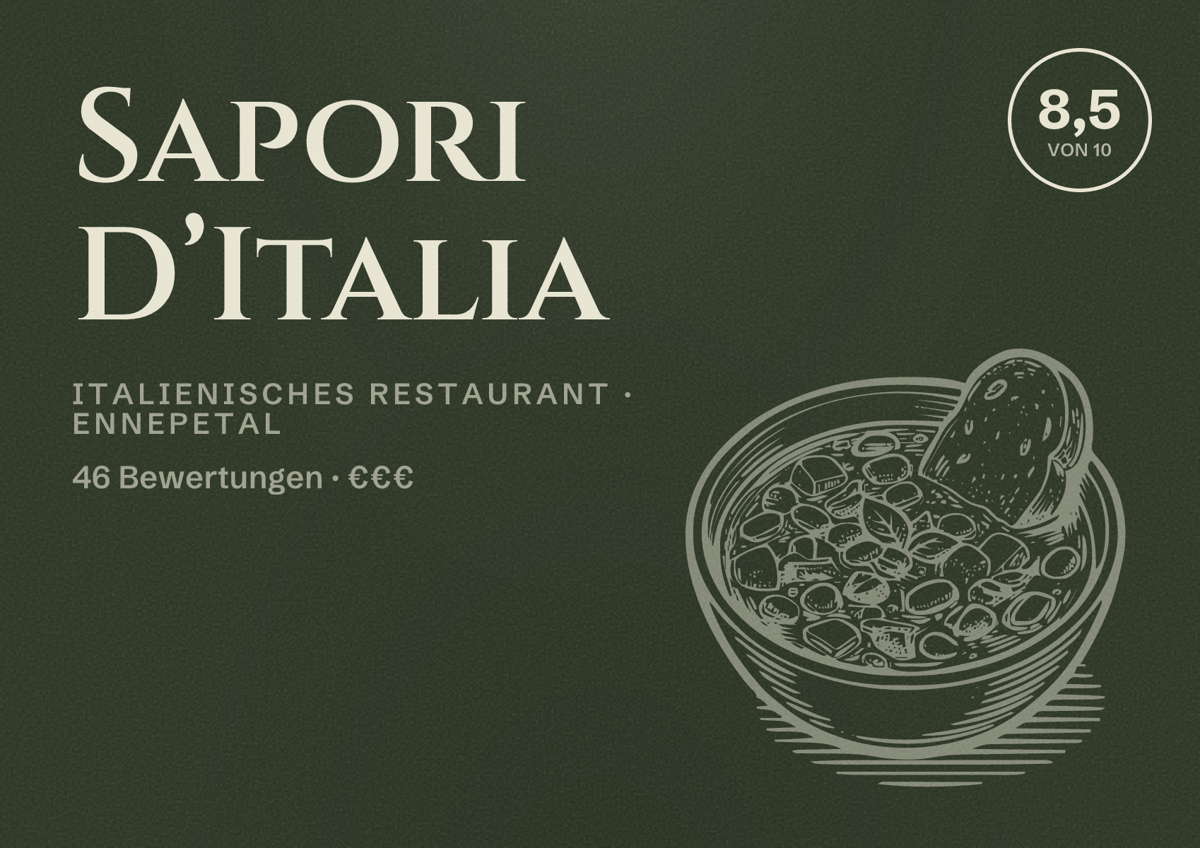 Illustriertes Poster von Sapori D’Italia, Italienisches Restaurant in Ennepetal: Bewertung 8,5 von 10 aus 46 Bewertungen, Preisniveau €€€