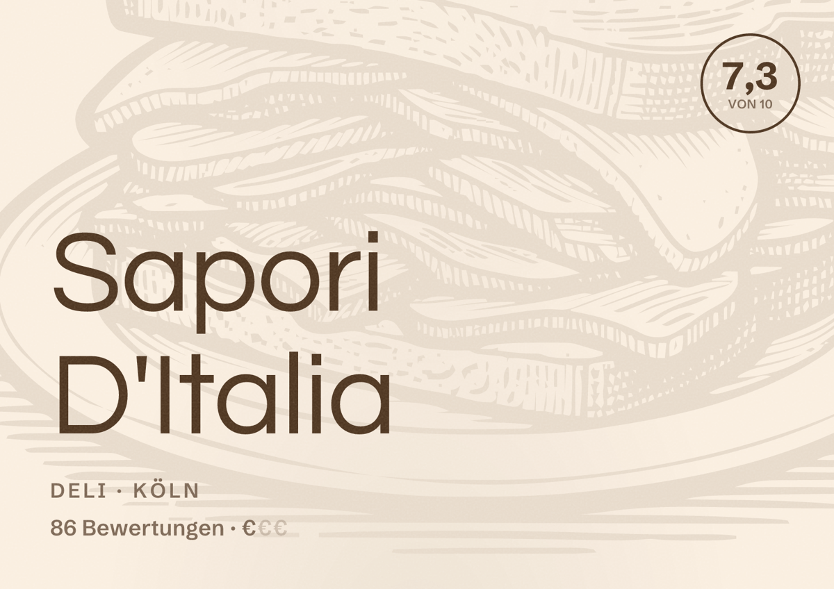 Illustriertes Poster von Sapori D'Italia, Deli in Köln: Bewertung 7,3 von 10 aus 86 Bewertungen, Preisniveau €
