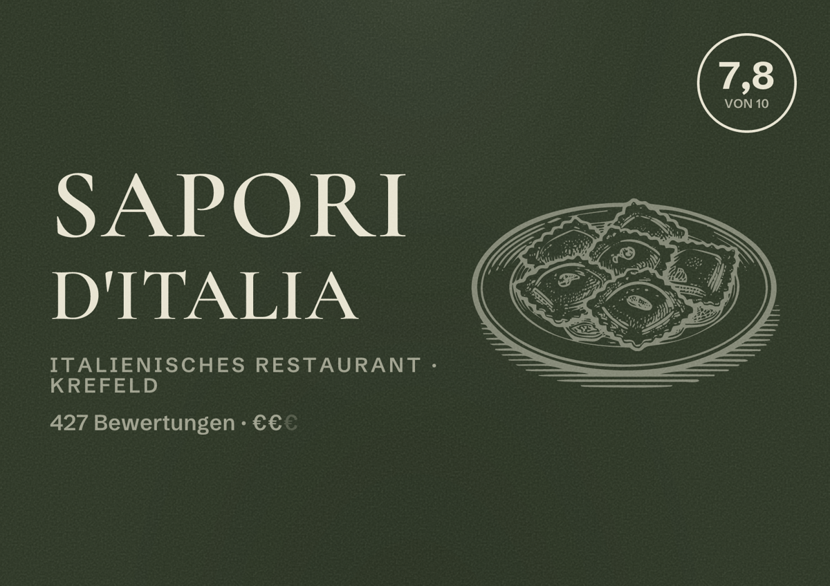 Illustriertes Poster von Sapori D'Italia, Italienisches Restaurant in Krefeld: Bewertung 7,8 von 10 aus 427 Bewertungen, Preisniveau €€