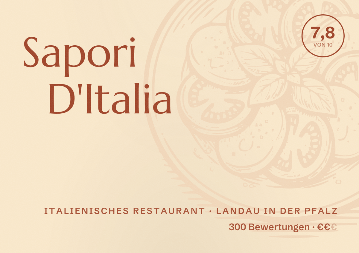 Illustriertes Poster von Sapori D'Italia, Italienisches Restaurant in Landau in der Pfalz: Bewertung 7,8 von 10 aus 300 Bewertungen, Preisniveau €€