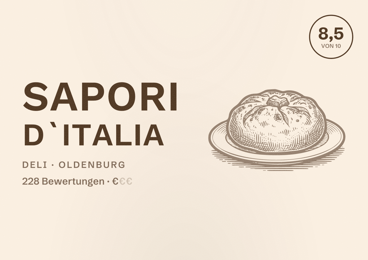 Illustriertes Poster von Sapori d`Italia, Deli in Oldenburg: Bewertung 8,5 von 10 aus 228 Bewertungen, Preisniveau €