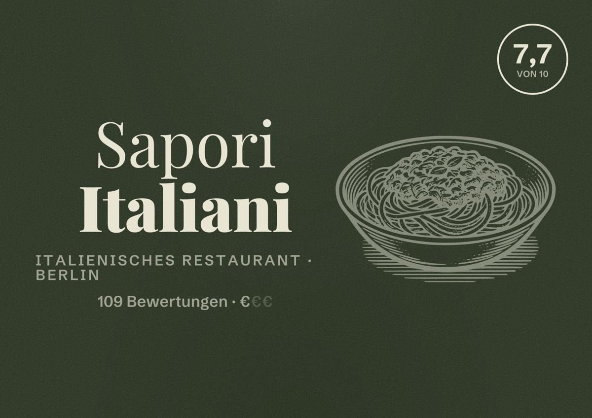Illustriertes Poster von Sapori Italiani, Italienisches Restaurant in Berlin: Bewertung 7,7 von 10 aus 109 Bewertungen, Preisniveau €
