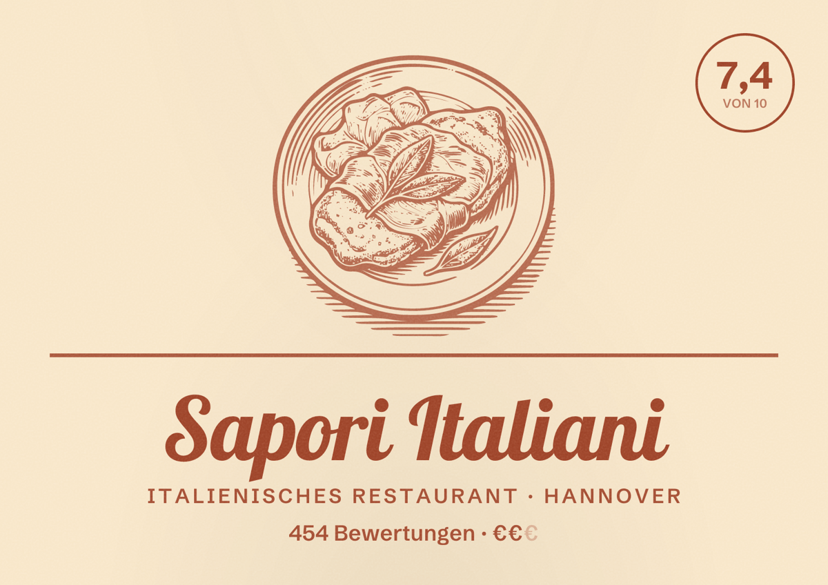 Illustriertes Poster von Sapori Italiani, Italienisches Restaurant in Hannover: Bewertung 7,4 von 10 aus 454 Bewertungen, Preisniveau €€