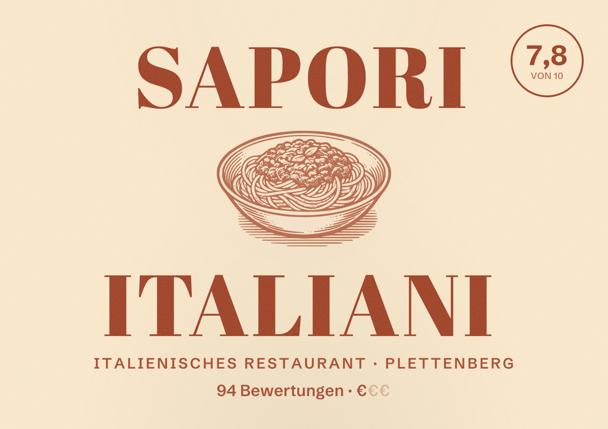 Illustriertes Poster von Sapori Italiani, Italienisches Restaurant in Plettenberg: Bewertung 7,8 von 10 aus 94 Bewertungen, Preisniveau €