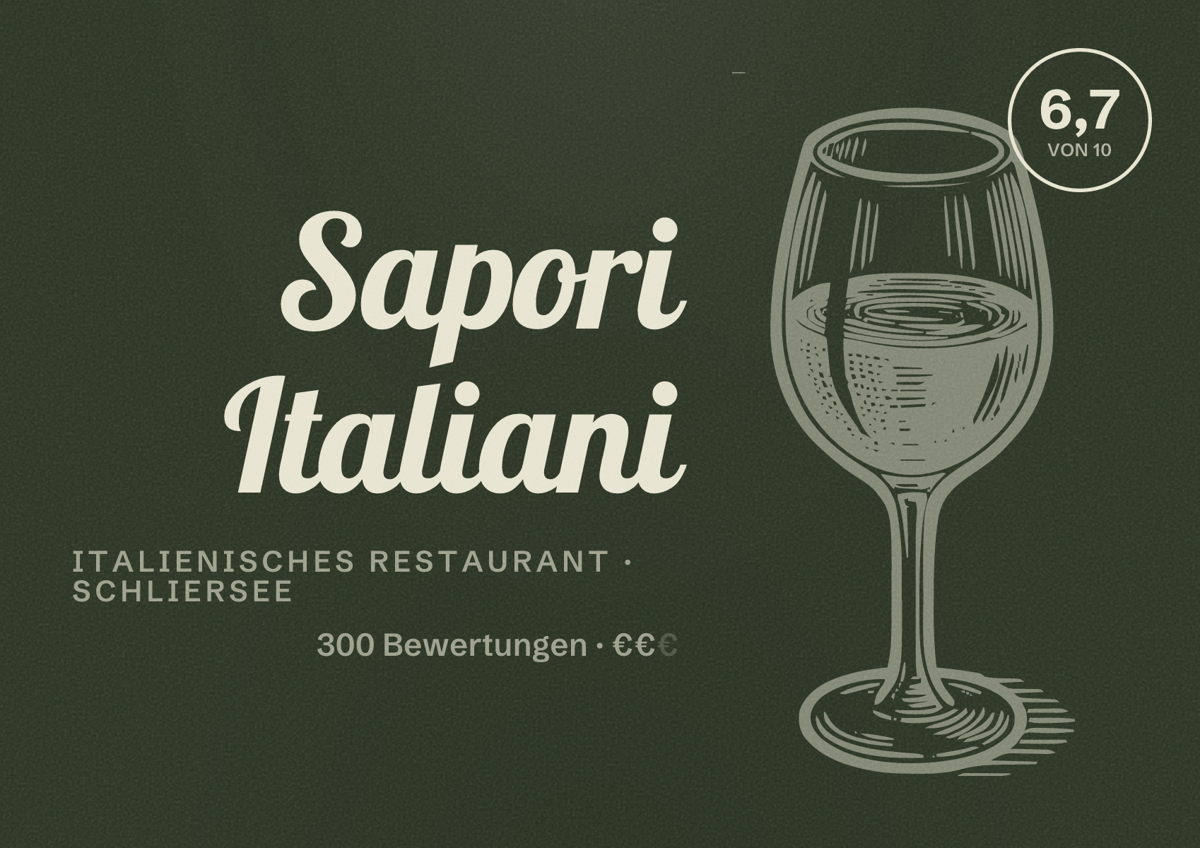 Illustriertes Poster von Sapori Italiani, Italienisches Restaurant in Schliersee: Bewertung 6,7 von 10 aus 300 Bewertungen, Preisniveau €€