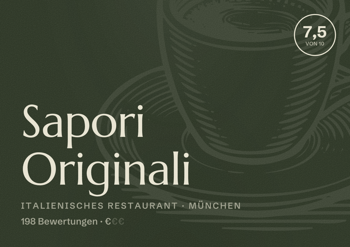 Illustriertes Poster von Sapori Originali, Italienisches Restaurant in München: Bewertung 7,5 von 10 aus 198 Bewertungen, Preisniveau €