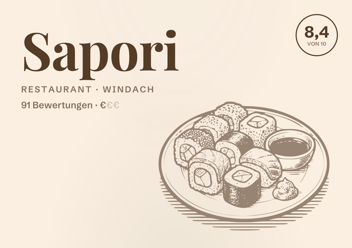 Illustriertes Poster von Sapori, Restaurant in Windach: Bewertung 8,4 von 10 aus 91 Bewertungen, Preisniveau €