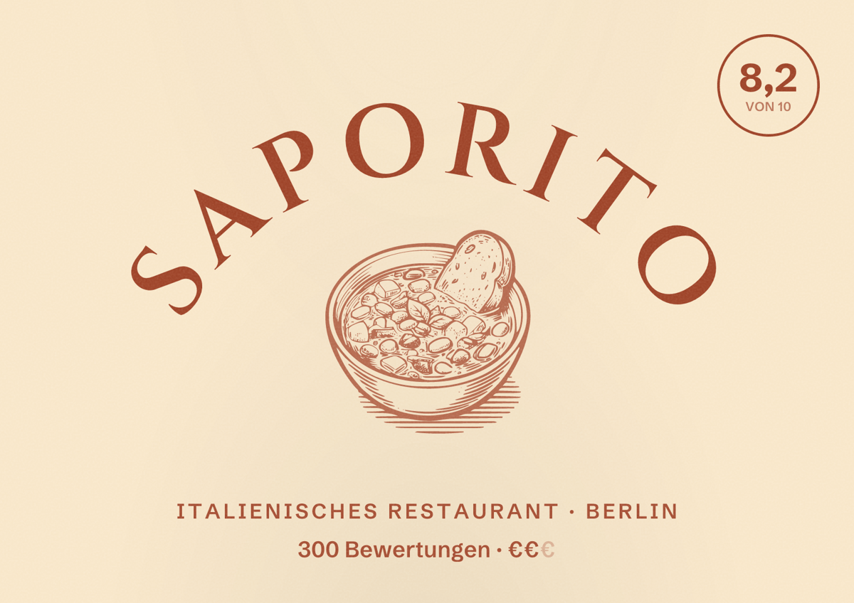 Illustriertes Poster von Saporito, Italienisches Restaurant in Berlin: Bewertung 8,2 von 10 aus 300 Bewertungen, Preisniveau €€