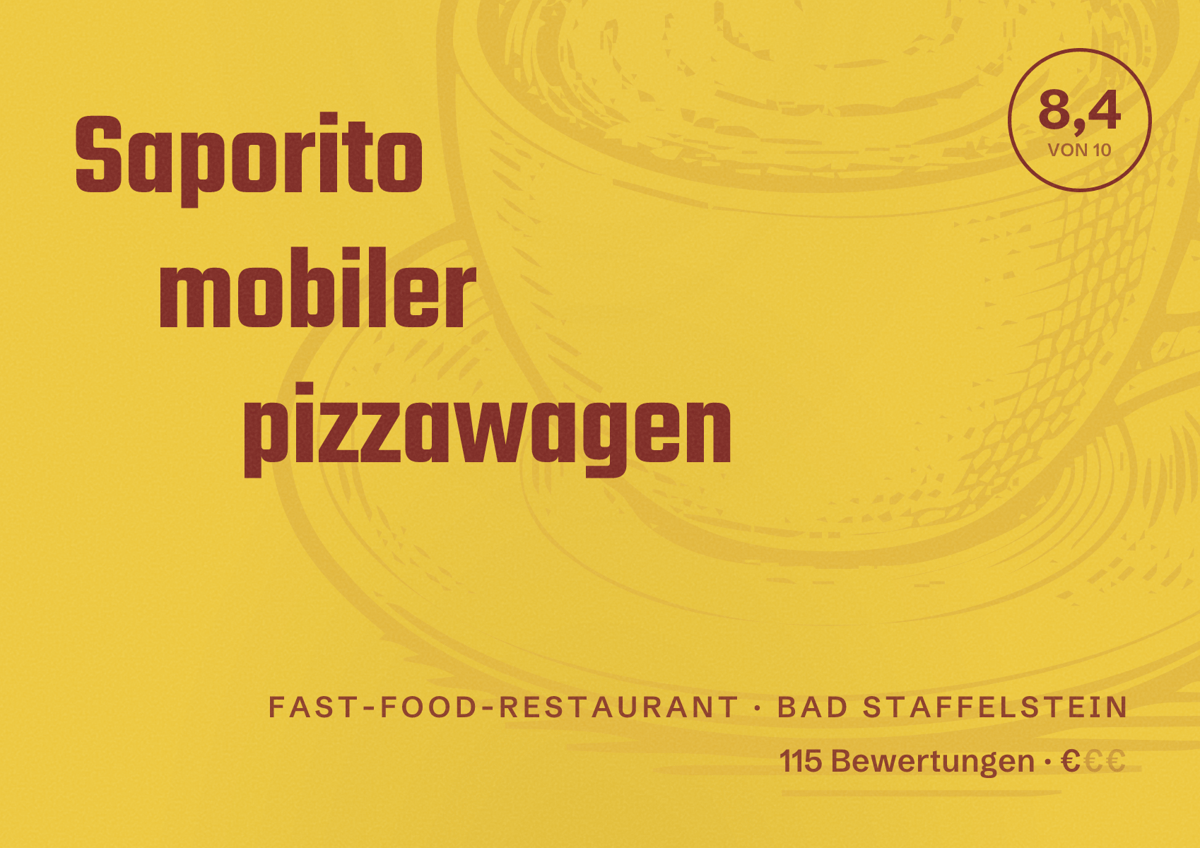 Illustriertes Poster von Saporito mobiler pizzawagen, Fast-Food-Restaurant in Bad Staffelstein: Bewertung 8,4 von 10 aus 115 Bewertungen, Preisniveau €