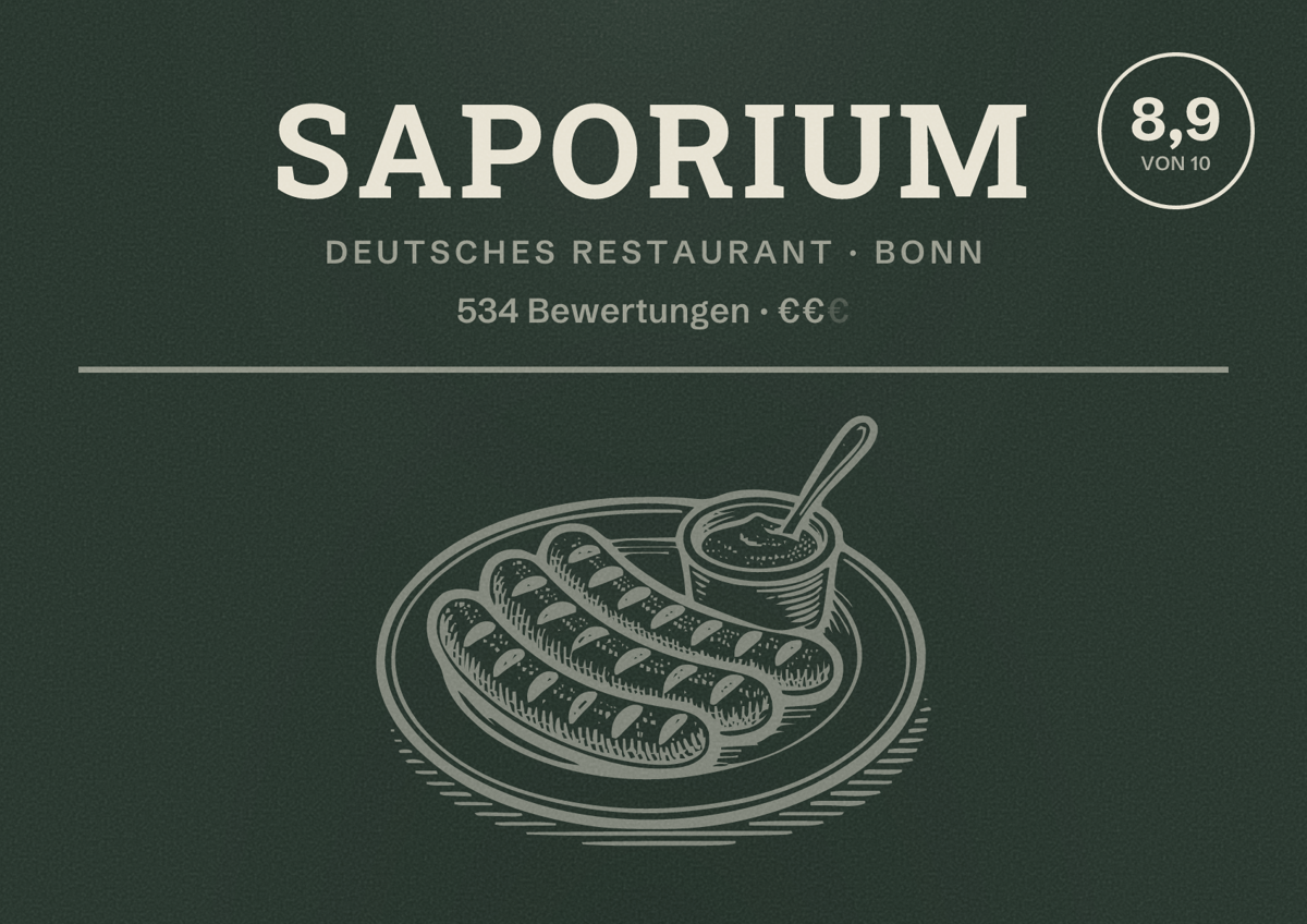 Illustriertes Poster von Saporium, Deutsches Restaurant in Bonn: Bewertung 8,9 von 10 aus 534 Bewertungen, Preisniveau €€