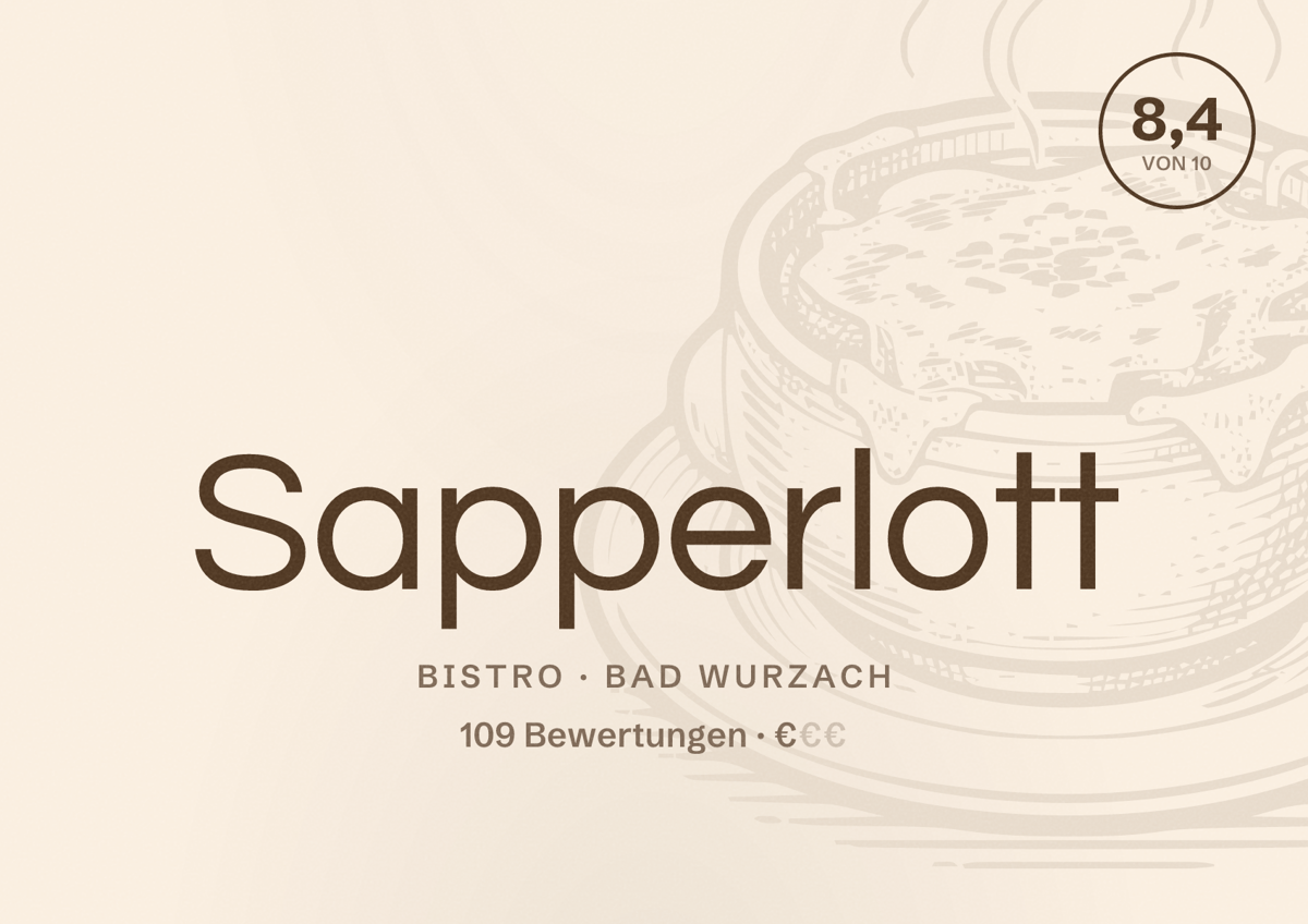 Illustriertes Poster von Sapperlott, Bistro in Bad Wurzach: Bewertung 8,4 von 10 aus 109 Bewertungen, Preisniveau €