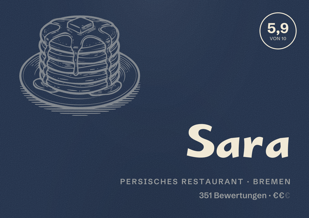 Illustriertes Poster von Sara, Persisches Restaurant in Bremen: Bewertung 5,9 von 10 aus 351 Bewertungen, Preisniveau €€