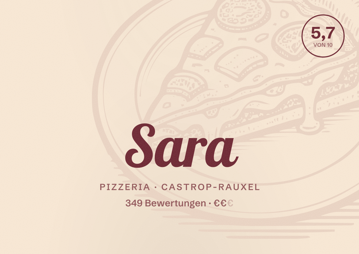 Illustriertes Poster von Sara, Pizzeria in Castrop-Rauxel: Gästebewertung 5,7 von 10 aus 349 Bewertungen