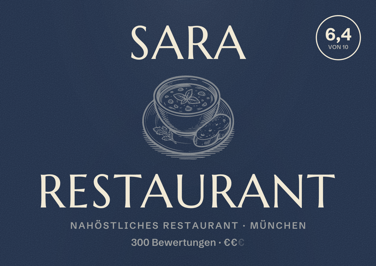 Illustriertes Poster von Sara Restaurant, Nahöstliches Restaurant in München: Bewertung 6,4 von 10 aus 300 Bewertungen, Preisniveau €€