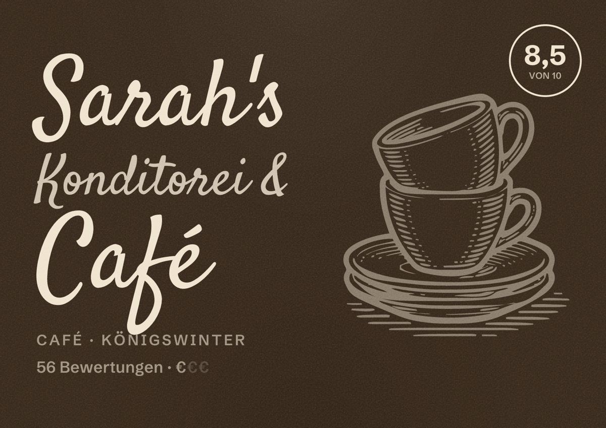 Illustriertes Poster von Sarah's Konditorei & Café, Café in Königswinter: Bewertung 8,5 von 10 aus 56 Bewertungen, Preisniveau €