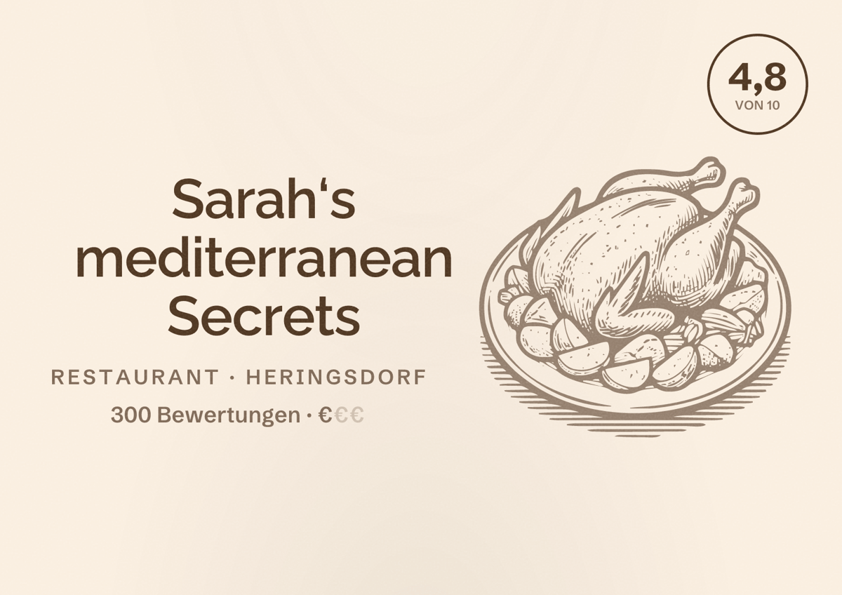 Illustriertes Poster von Sarah‘s mediterranean Secrets, Restaurant in Heringsdorf: Bewertung 4,8 von 10 aus 300 Bewertungen, Preisniveau €